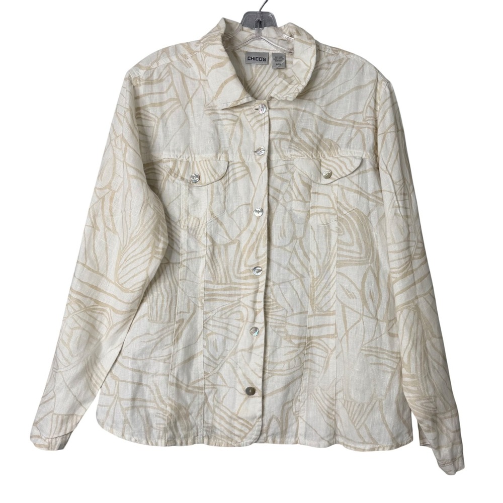 Chico's 100% Linen Trucker Jacket Shacket Womens L White Beige Printed Boho